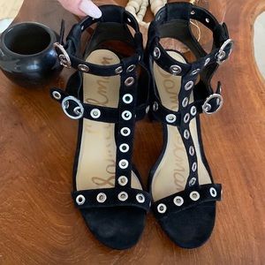 Sam Edelman Black Leather Suede Riveted T- Strap Ankle High Sandals w/Block Heel